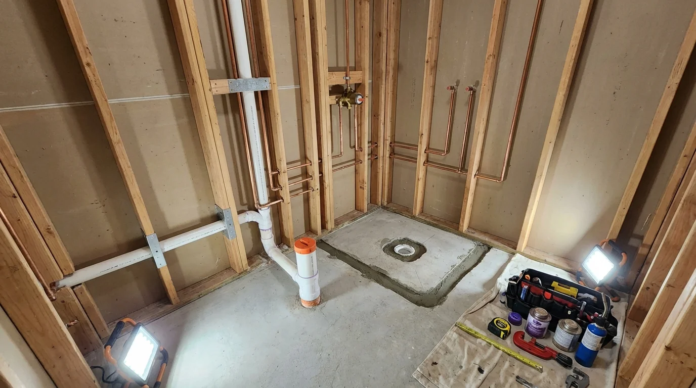 Bathroom rough-in plumbing during remodel by Johns Plumbing LLC in Valley City