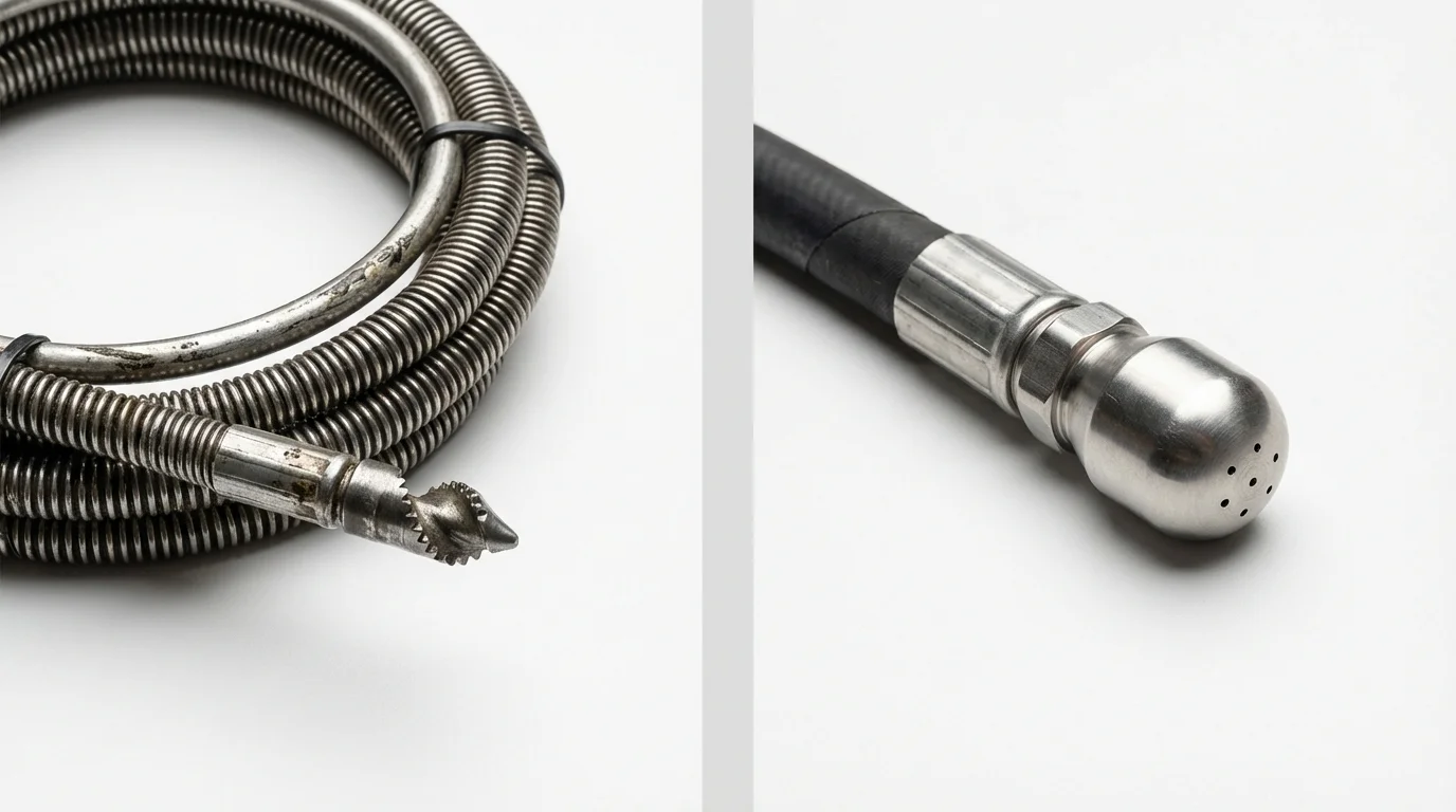Drain snake cable and hydro jetting nozzle used for drain cleaning in Valley City, ND
