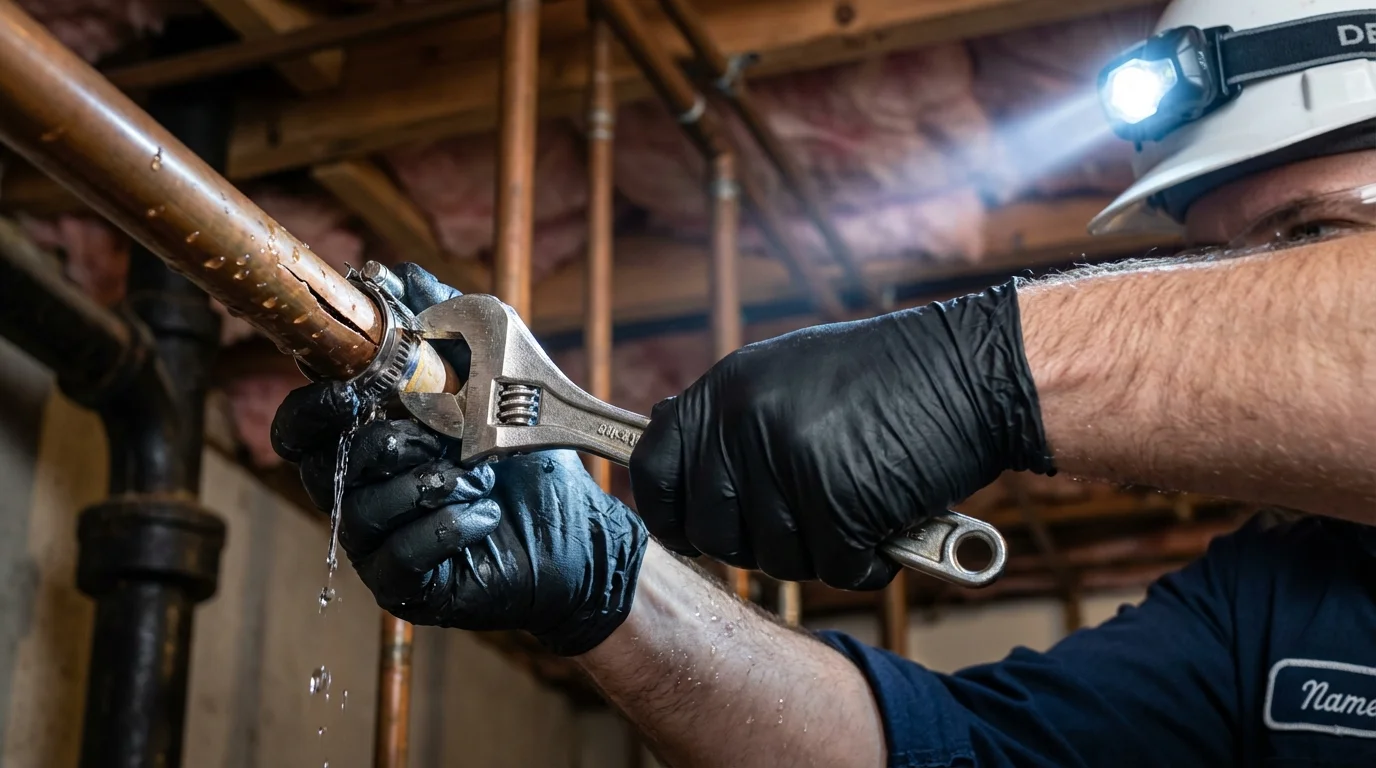 Emergency pipe clamp repair being performed by a Johns Plumbing LLC plumber in Valley City