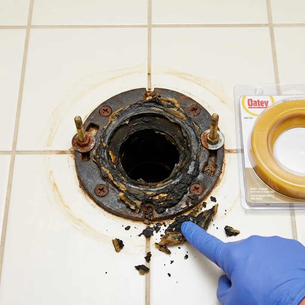 Failed wax ring showing water seepage at the base of a toilet in a Valley City, ND home