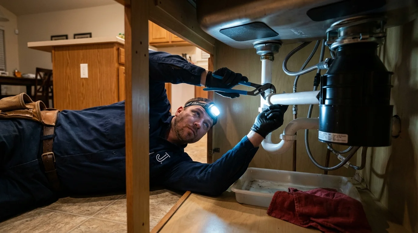 P-trap and supply line connections under a kitchen sink showing a common leak point in Valley City, ND